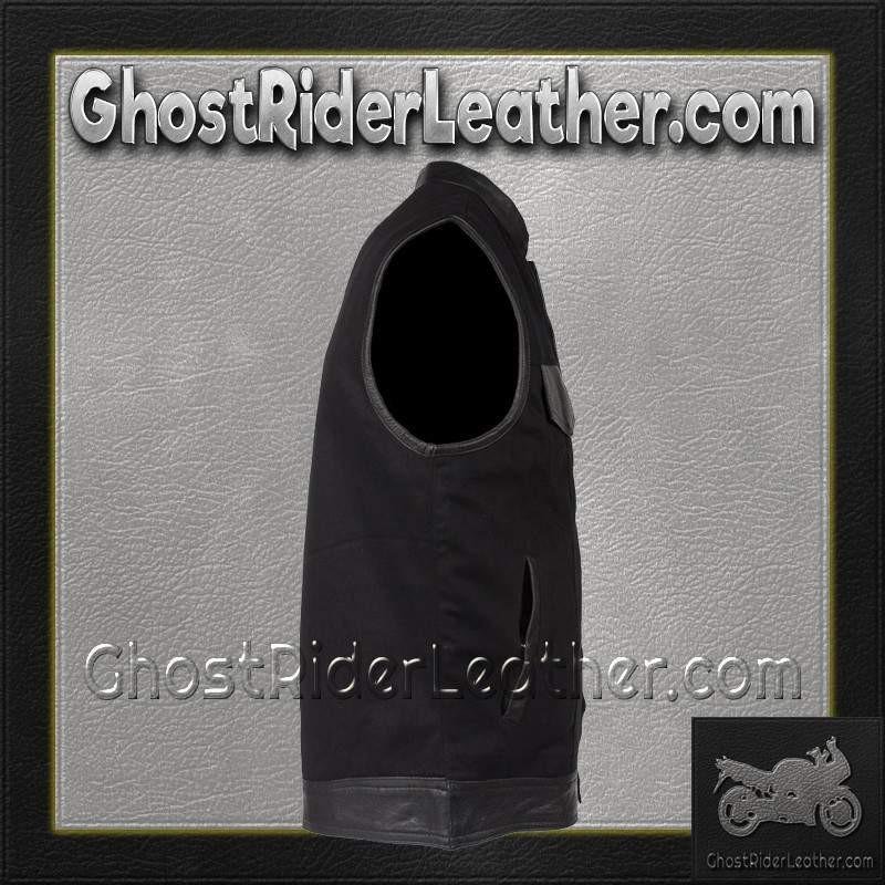 Mens Black Denim Club Vest with Leather Trim - SKU MV8019-ZIP-BD-DL Mens Black Denim Club Vest with Leather Trim - SKU MV8019-ZIP-BD-DL