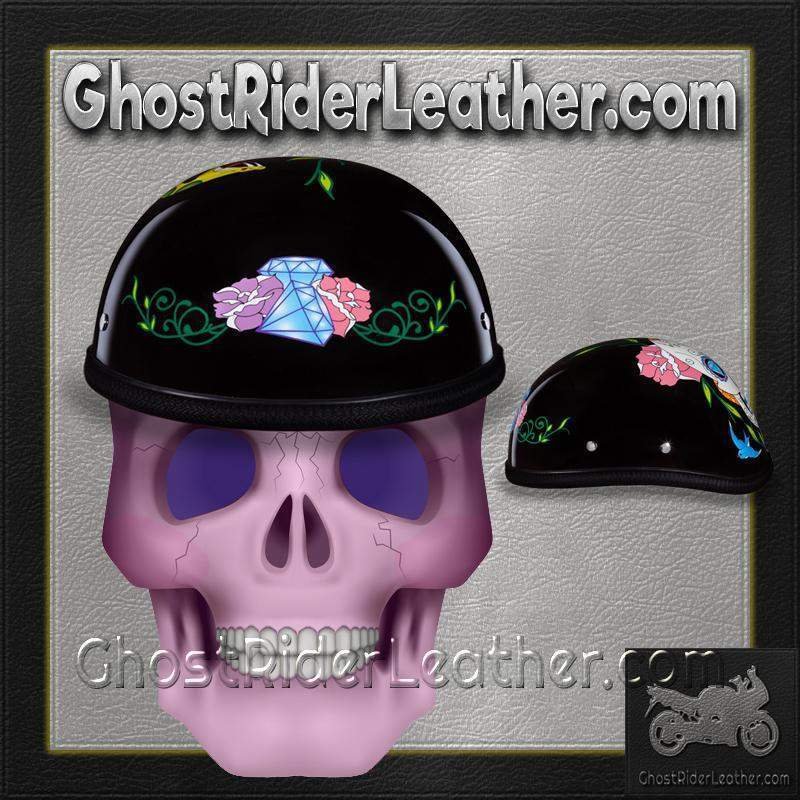 Novelty Motorcycle Helmet - Diamond Sugar Skull - Eagle Shorty - 6002DS-DH