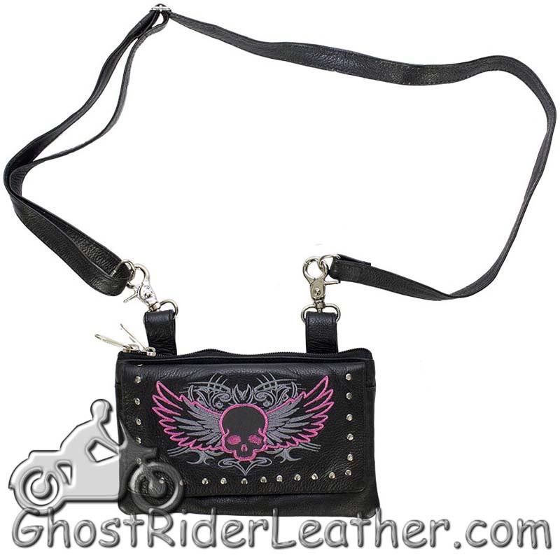 Leather Belt Bag - Pink Flying Skull Design - Handbag - BAG35-EBL10-PINK-DL