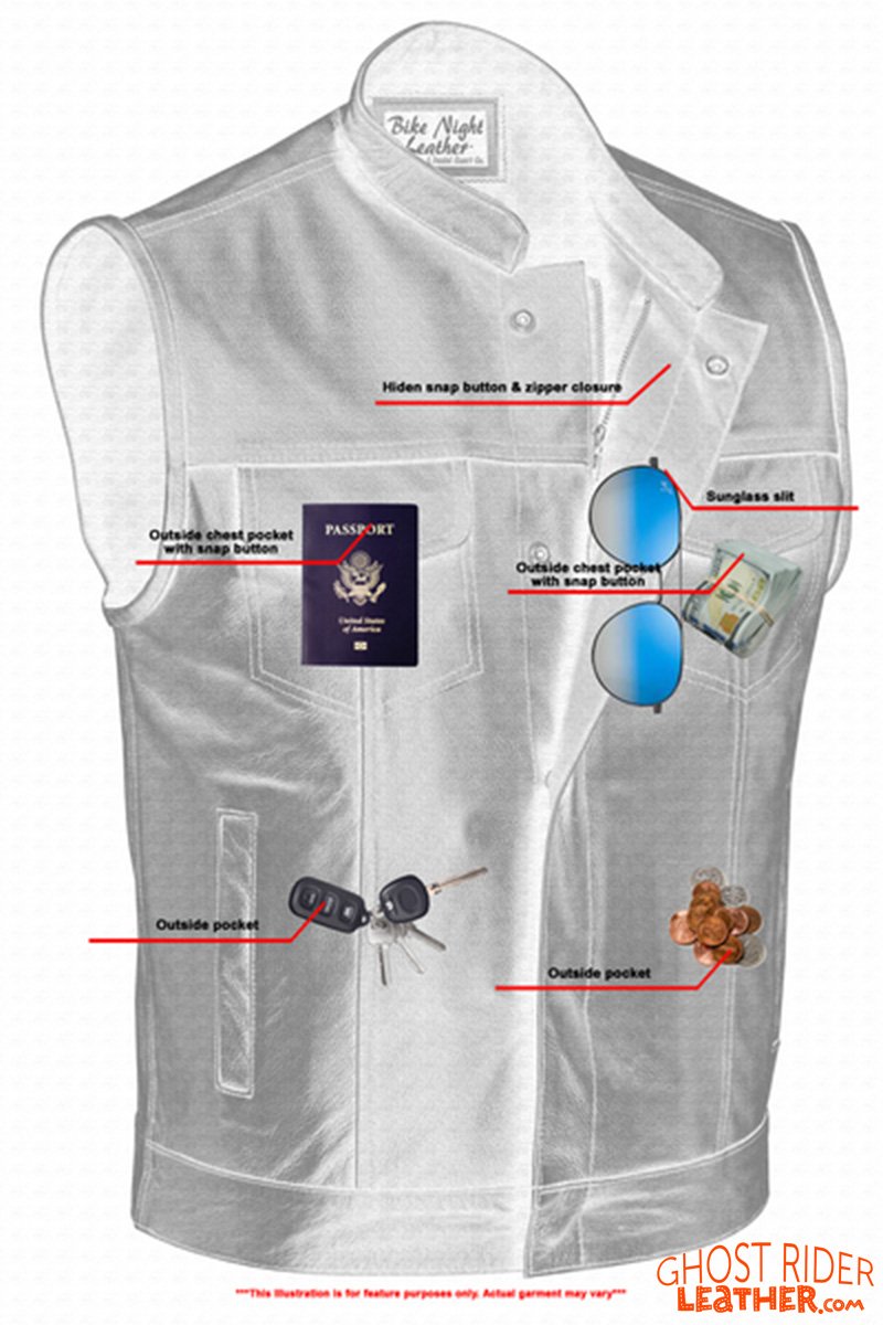 Leather Motorcycle Vest - Men's - Gun Pockets - Up To 12XL - Big and Tall - AM9192-DS