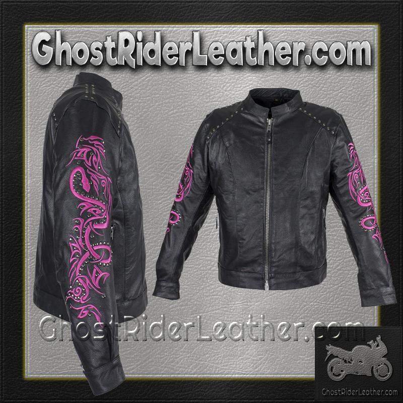 Ladies Racer Leather Jacket With Studs and Hot Pink Sleeve Design - SKU LJ7018-HOTPINK-11-DL