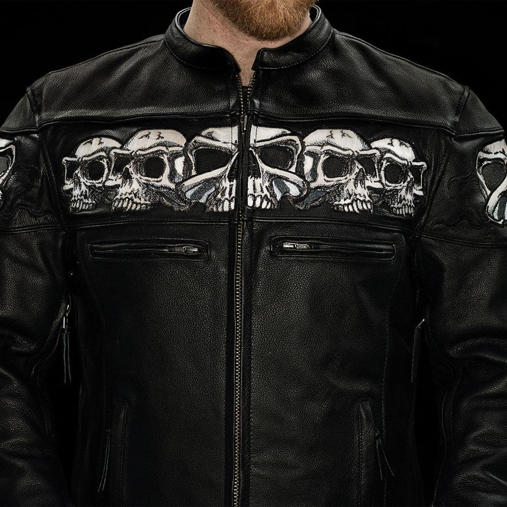 Leather Motorcycle Jacket - Men's - Reflective Skulls - Savage - FIM243CSLZ-FM