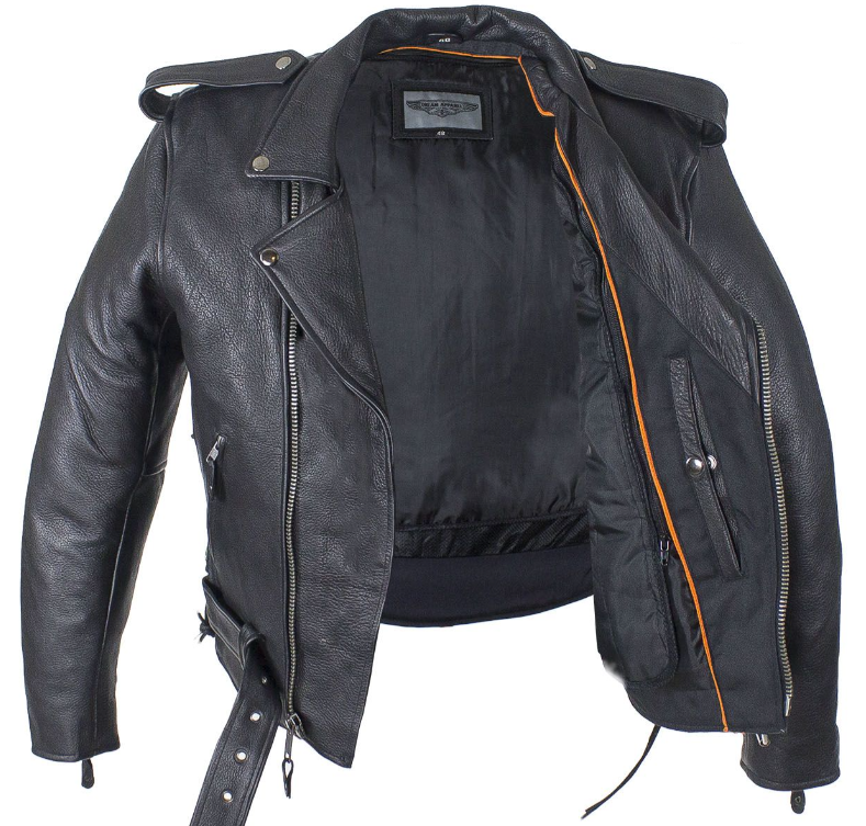 Leather Motorcycle Police Style Jacket with Side Laces and Vents - Up To Size 72 - SKU MJ201-SS-DL