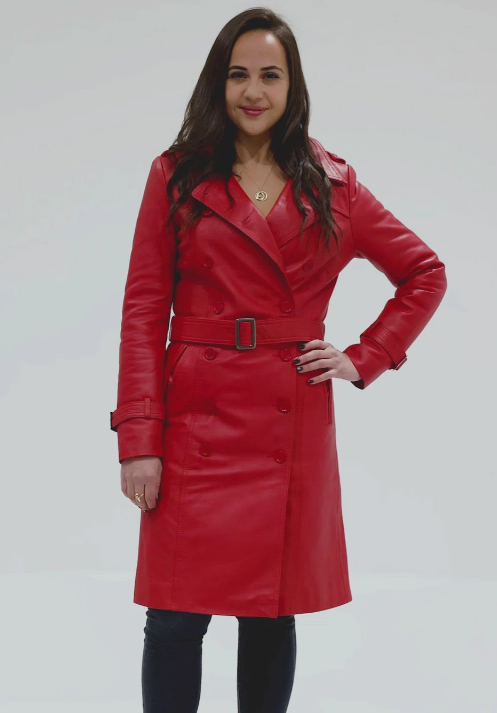 Fire Red Leather Trench Coat - Women's - Olivia - WBL3071-RED-FM