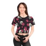 Skulls and Roses - Pink White on Black - Crop Tee (AOP)