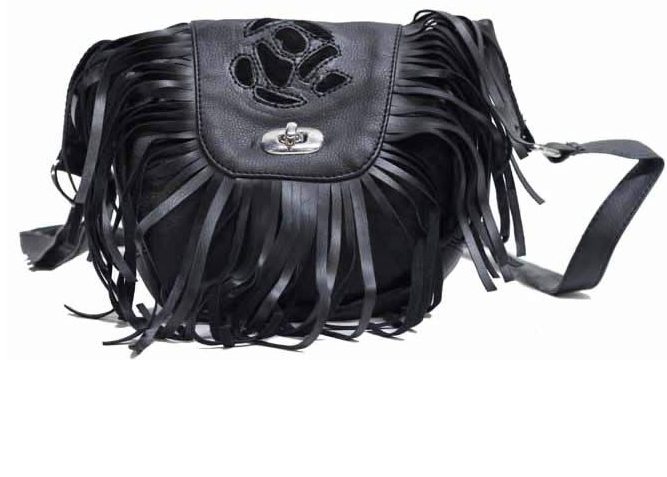 Black Leather Handbag - Black Rose - Fringe - Small Purse - AC2008-LEATHER-DL