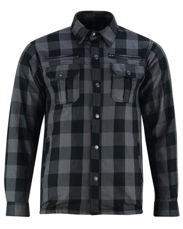 Flannel Motorcycle Shirt - Men's - Armor Pockets - Gun Pockets - Up To Size 6XL - Black Gray Plaid - DS4670-DS