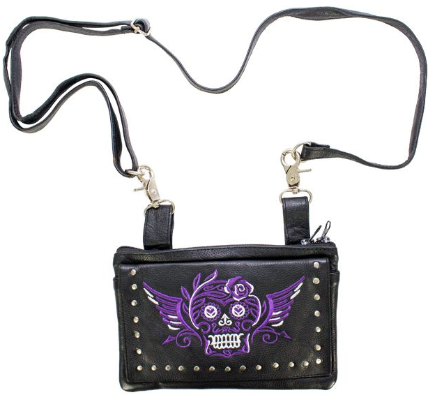 Leather Belt Bag - Purple - Sugar Skull Design - Handbag - BAG35-EBL19-PURP-DL