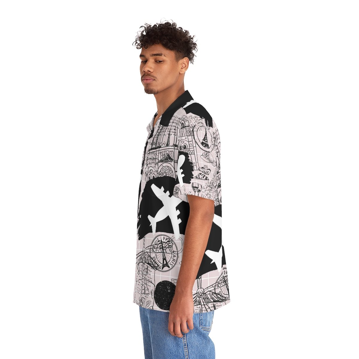 Hawaiian Shirt - Travel Airplanes Paris - Men's - Black and White