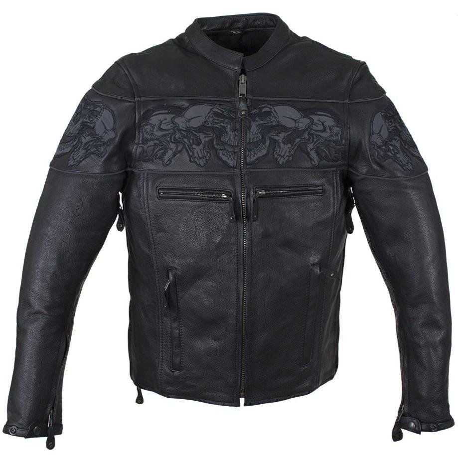 Racer Leather Jacket with Reflective Skulls and Concealed Carry Pocket - SKU MJ825-11-DL