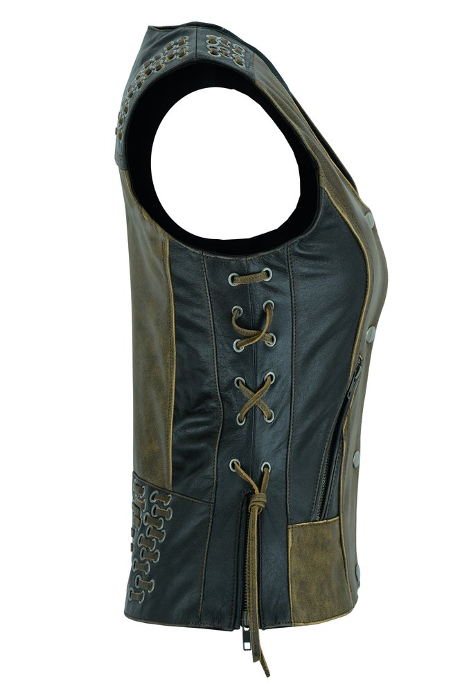 Women's Two Tone Leather Vest With Grommet and Lacing Accents - DS298-DS