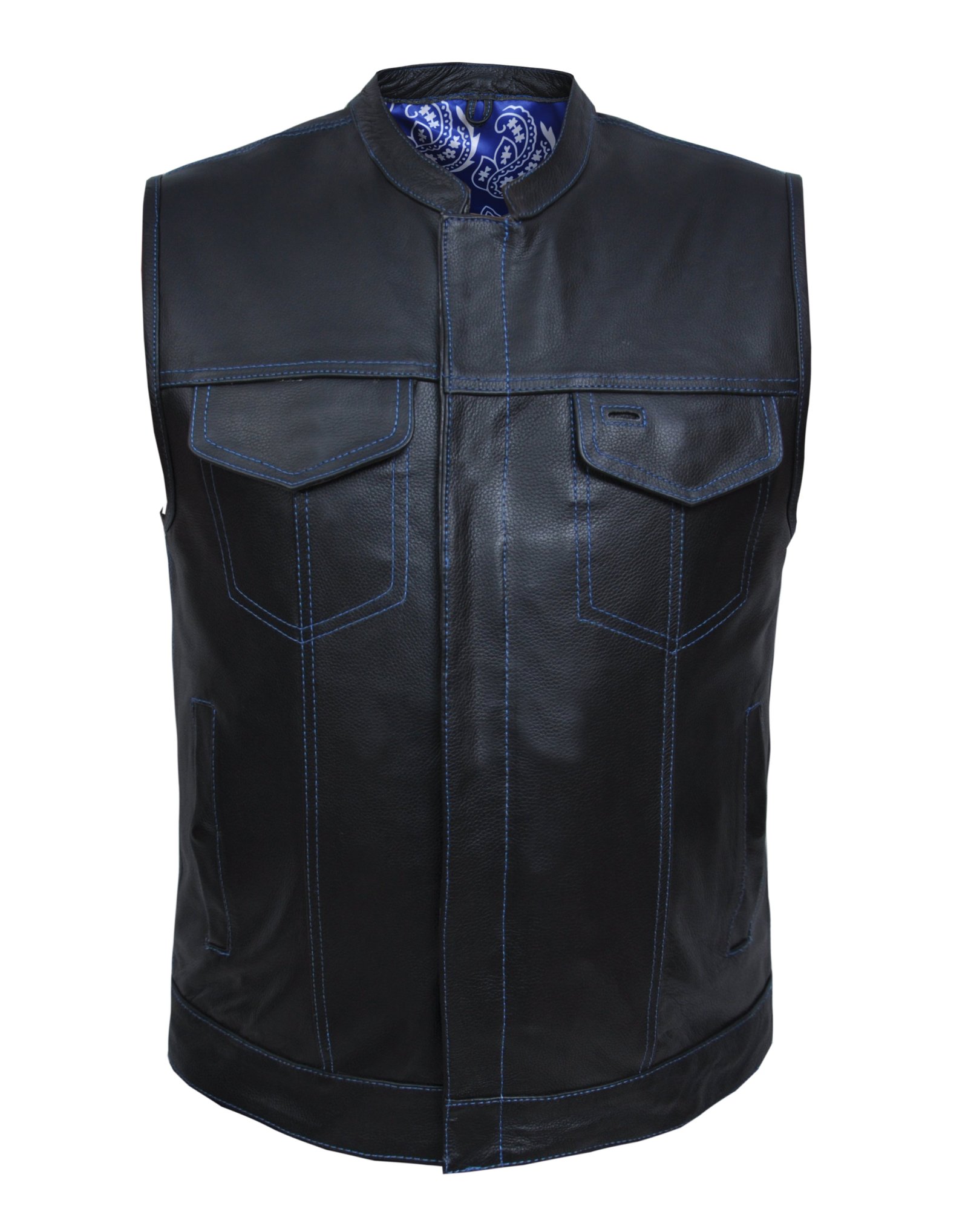 Leather Motorcycle Vest - Men's - Up To 8XL - Blue Paisley Liner - 6665-03-UN