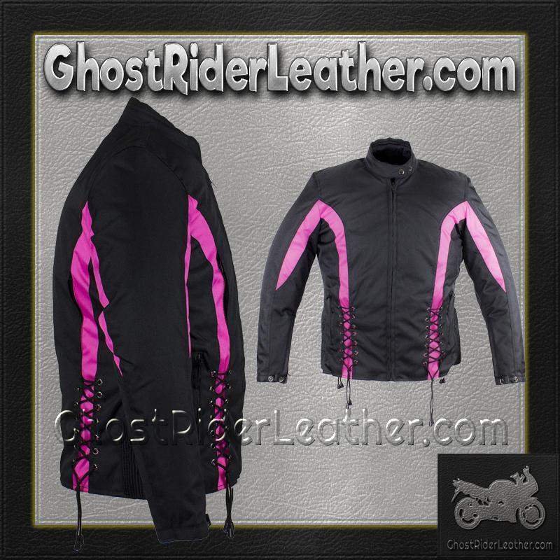 Ladies Textile Racing Jacket In Black and Pink - SKU LJ266-CCN-PINK-DL