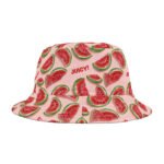 Watermelon Candy Slices Pattern - Text Juicy - Red Green on Pink - Biker Bucket Hat