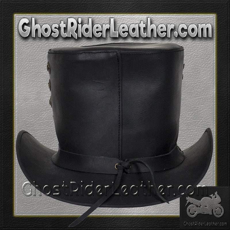 Black Leather Top Hat with Brass Studs / SKU GRL-HAT15-11-DL