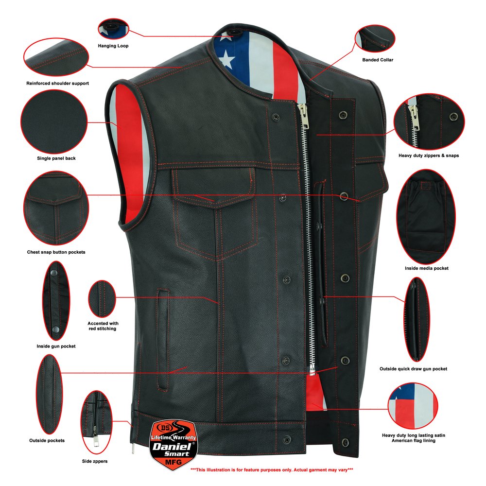 Leather Motorcycle Vest - Men's - USA Flag Liner - Gun Pockets - Up To 8XL - DS155-DS