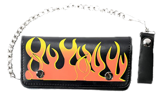 Black Leather Flame Wallet with Chain - SKU WALLET1-DL