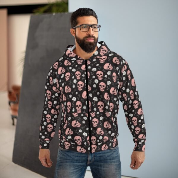 Sugar Skulls and Roses - Pink White on Black - Unisex Zip Hoodie (AOP)