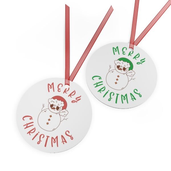 Merry Christmas Ornament - Snowman - Red - Green - Round - Metal Ornaments