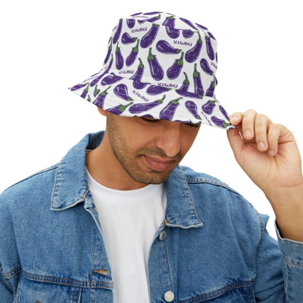 Doodle Eggplant Emoji - Text Schwing - Purple Green on White - Biker Bucket Hat