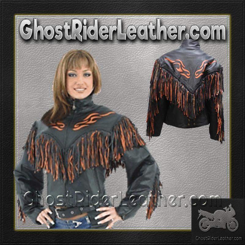 Women's Leather Motorcycle Jacket With Orange Flames and Fringe - SKU LJ259-DL