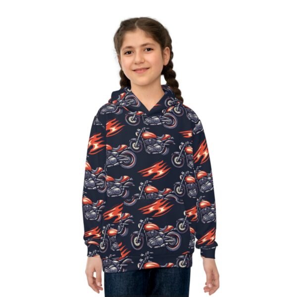 Motorcycle and Flames - Red White on Black - Children's Hoodie (AOP)
