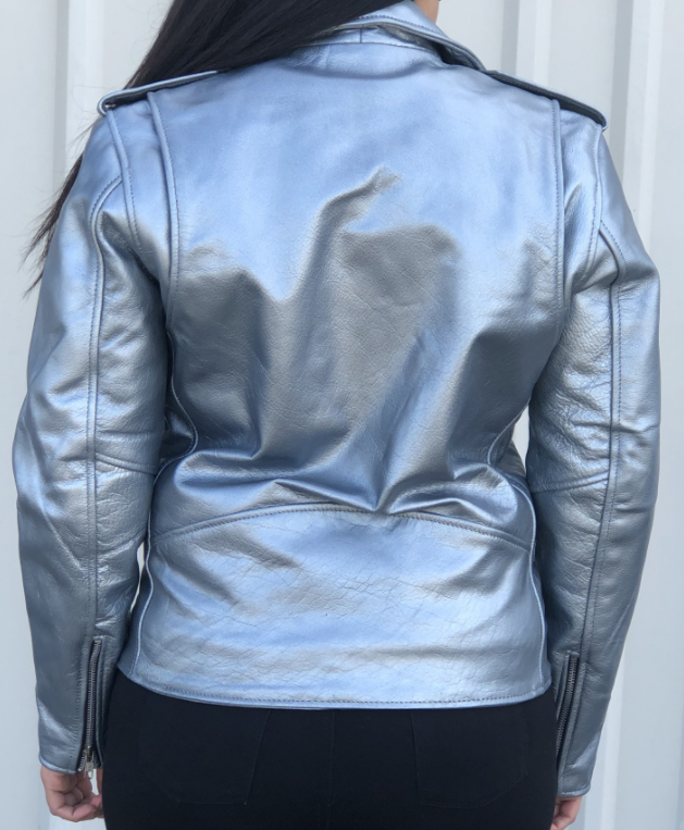 Ladies Classic Biker Silver Leather Motorcycle Jacket - SKU AL2125-AL