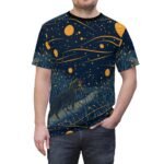 Cat and the Golden Moons - Dark Blue Orange Gold Multi Colors - Unisex T-Shirt - Tee