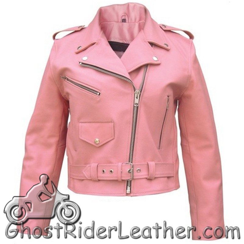 Ladies Classic Biker Pink Leather Jacket - SKU AL2120-AL