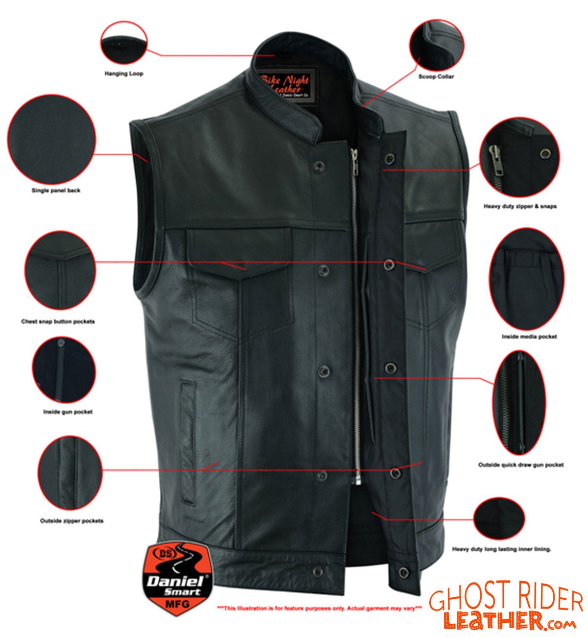 Leather Motorcycle Vest - Men's - Gun Pockets - Up To 12XL - Big and Tall - AM9192-DS