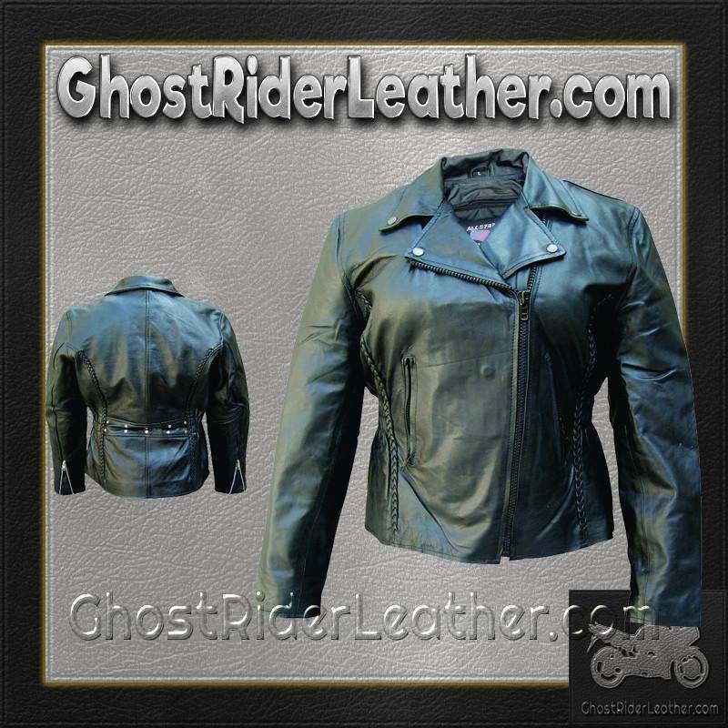 Ladies Biker Leather Jacket With Braid Trim - SKU AL2103-AL