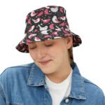 Love Birds Pattern - Hearts - Pink and White on Black - Biker Bucket Hat