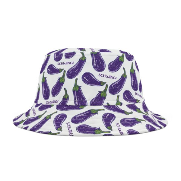 Doodle Eggplant Emoji - Text Schwing - Purple Green on White - Biker Bucket Hat