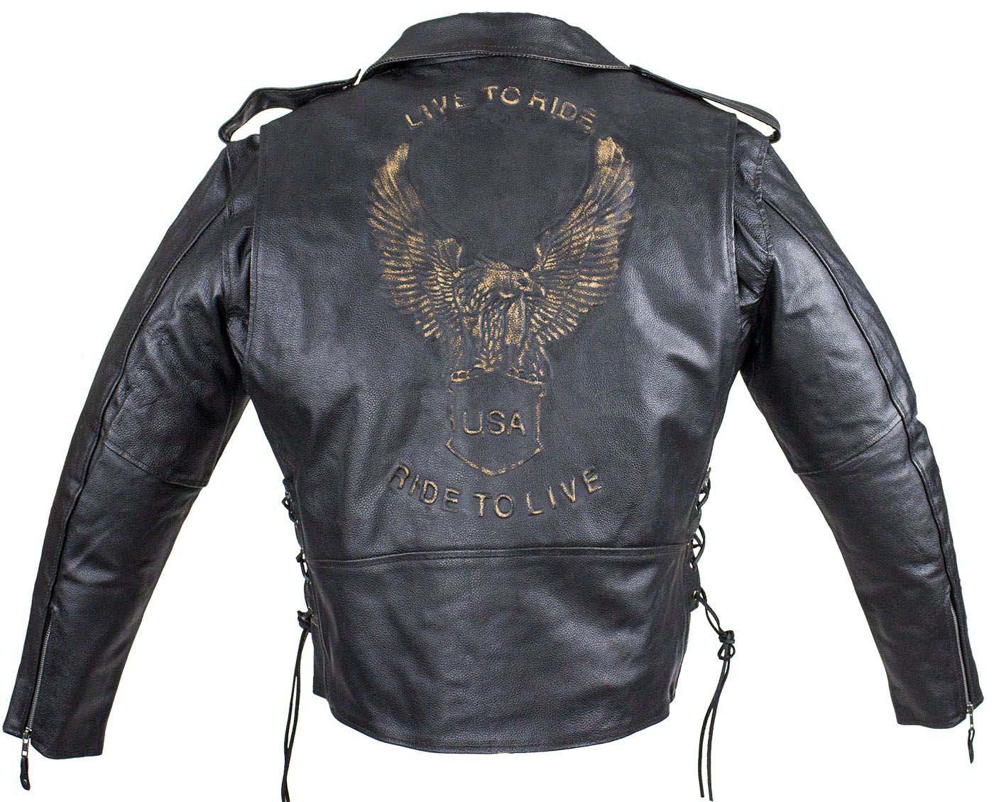 Embossed Eagle Motorcycle Jacket with Side Laces and Live To Ride - SKU MJ703-SS-DL