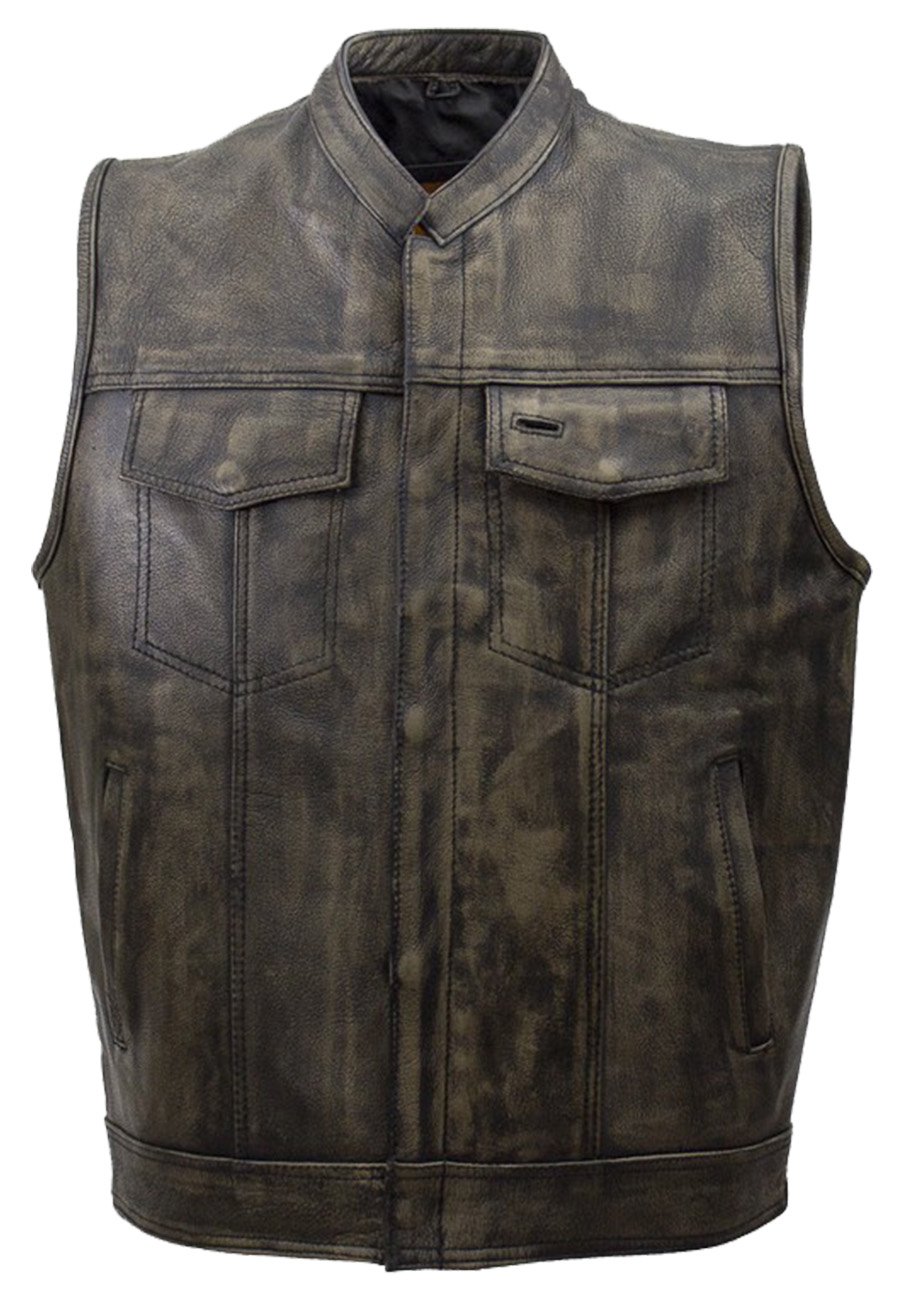 Leather Motorcycle Vest - Men's - Distressed Brown - Club - MV320-ZIP-12-DL