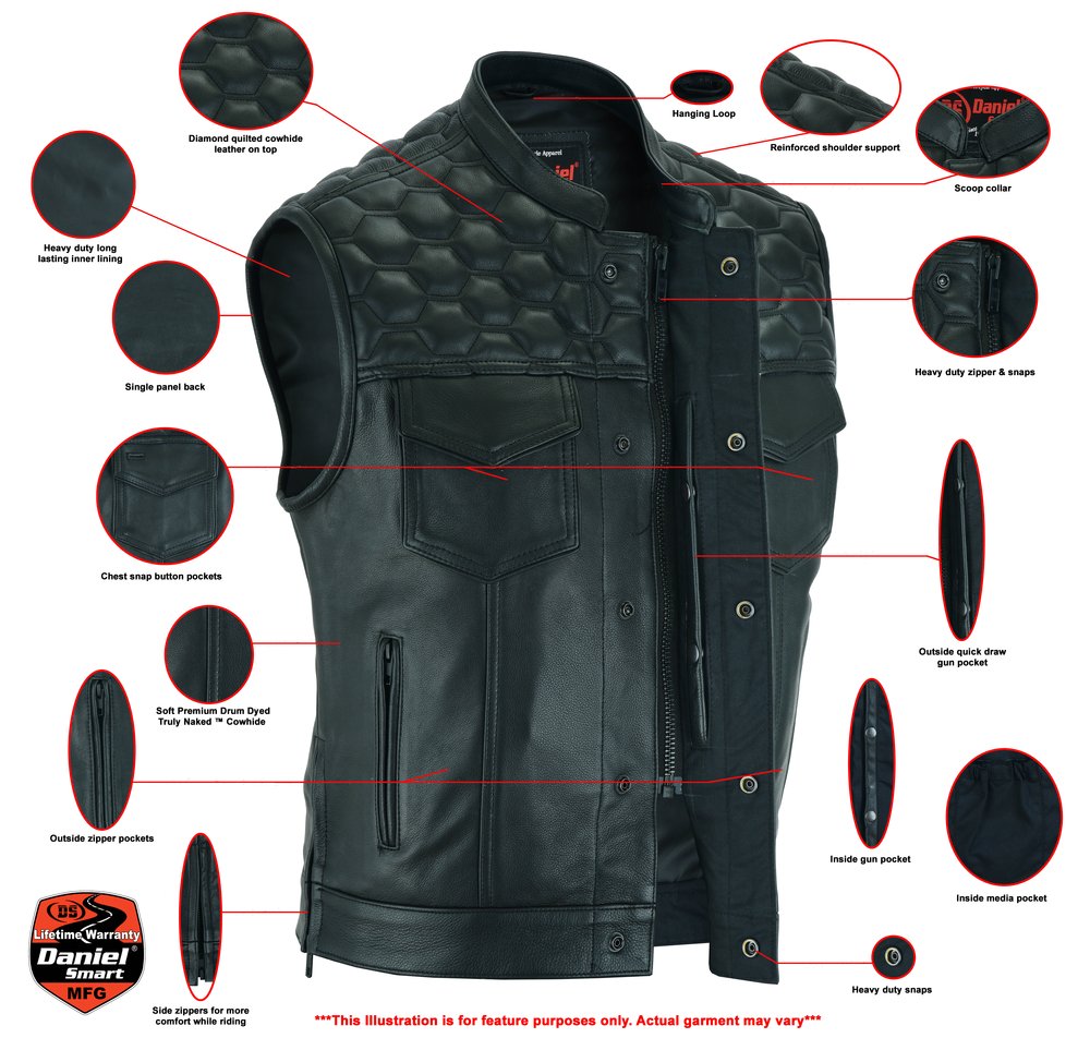 Leather Motorcycle Vest - Men's - Up To Size 8XL - Diamond Quilting - Big and Tall - DS198-DS