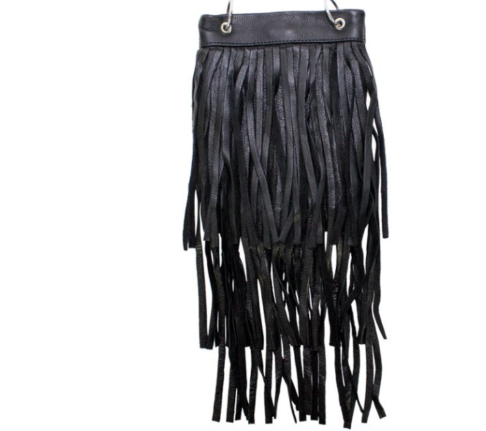 Black Leather Handbag - Belt Bag - Fringe - Chain - Small - BAG42-11-DL