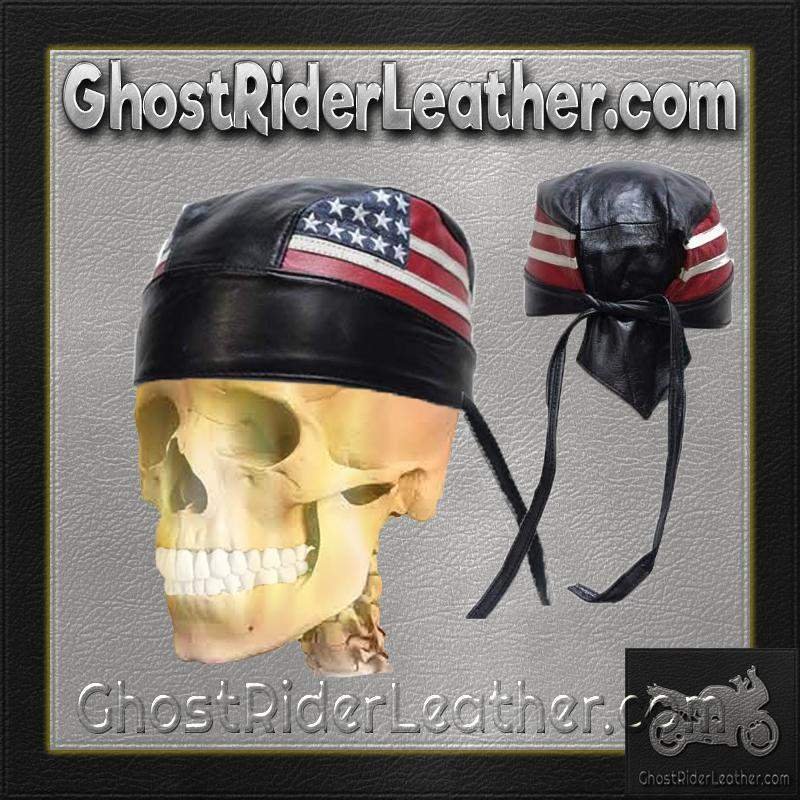 Leather Skull Cap - American Flag - Biker Durag - AC007-04-DL