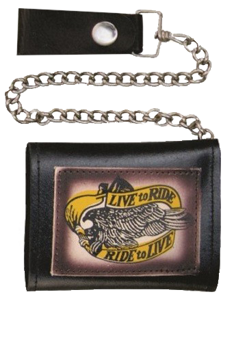 4 inch Black Leather Chain Wallet with Live To Ride - Tri-fold - SKU AL3273-AL