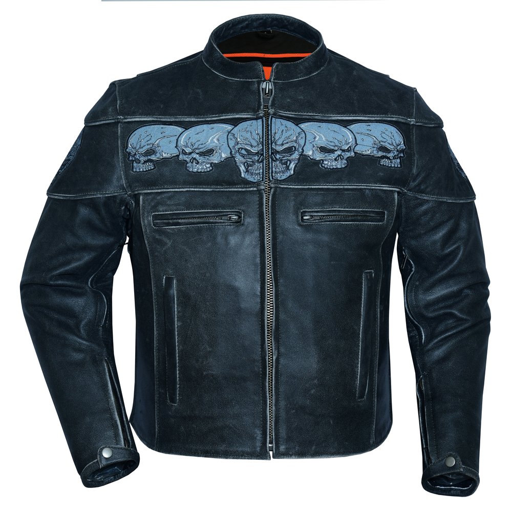 Leather Motorcycle Jacket - Men's - Reflective Skulls - Racer - DS723-DS