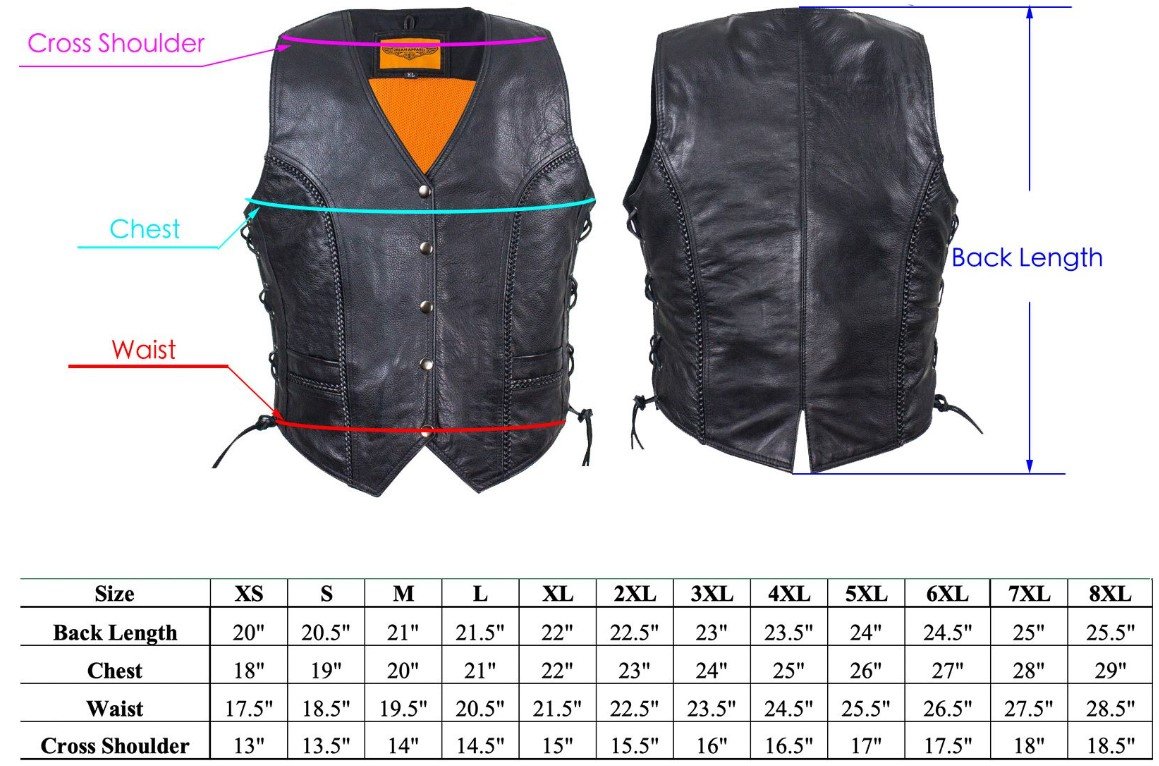 Leather Motorcycle Vest - Women's - Black - Longer - LV221-LONG-DL