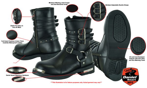 Leather Motorcycle Boots - Women's - Black - Side Zippers - DS9767-DS