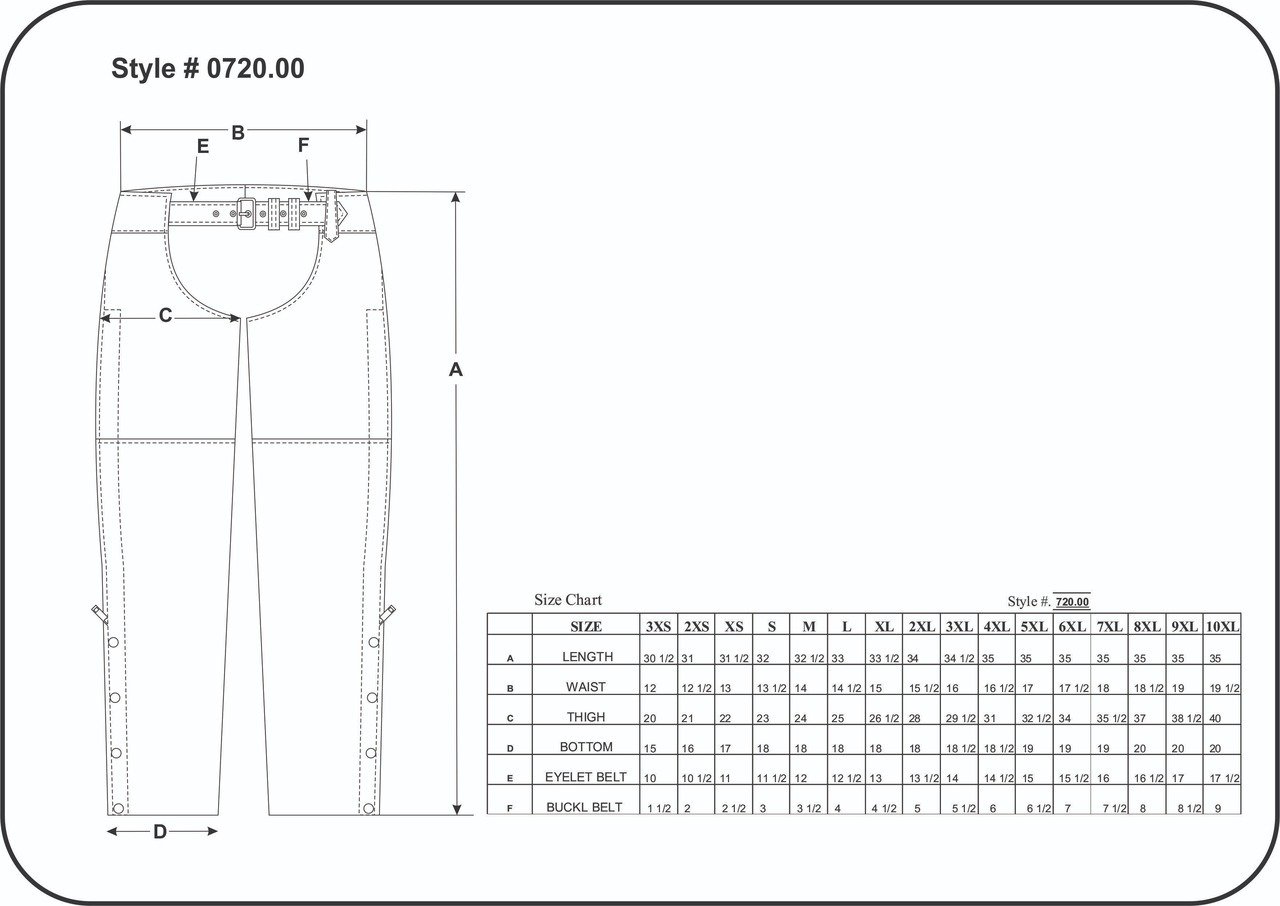 Leather Chaps - Unisex - Black - Motorcycle - 720-00-UN Size Chart
