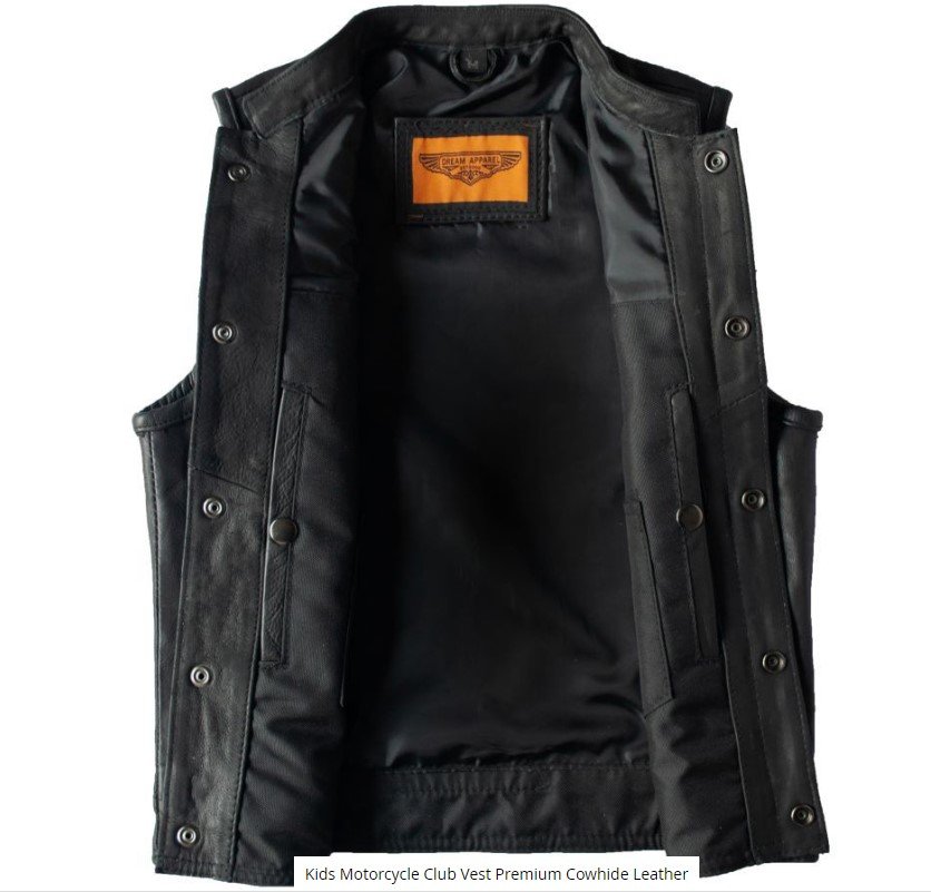 Leather Motorcycle Vest - Kid's - Black Leather - KD320-DL