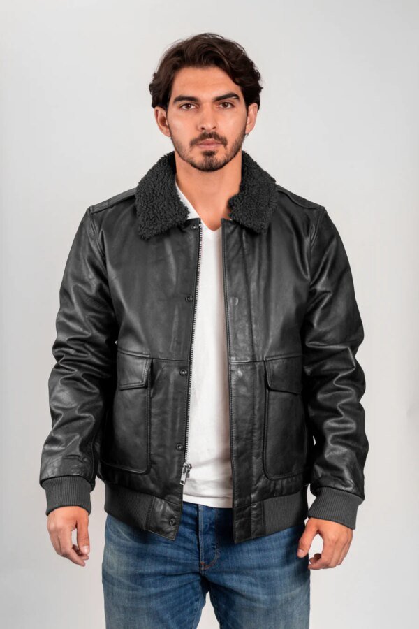 Leather Coat - Men's - Black - Fashion Leather Jacket - Map Lining - Bomber - WBM219BP-MAP-BLK-FM