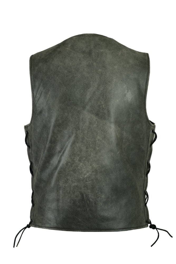 Leather Motorcycle Vest - Men's - Gray - Gun Pockets - Side Laces - Up To 8XL - DS105V-DS