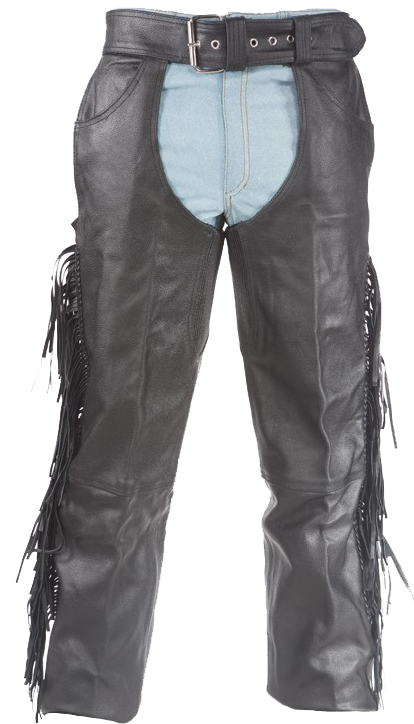 Mens Ladies Unisex Leather Chaps with Braid and Fringe - SKU C337-04-DL