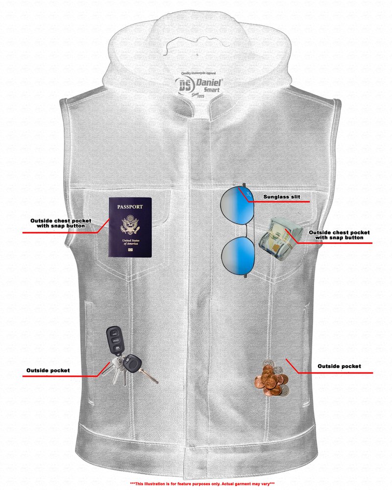 Leather Motorcycle Vest - Men's - Gun Pockets - Hoodie - Up To 12XL - Big and Tall - DS182-DS
