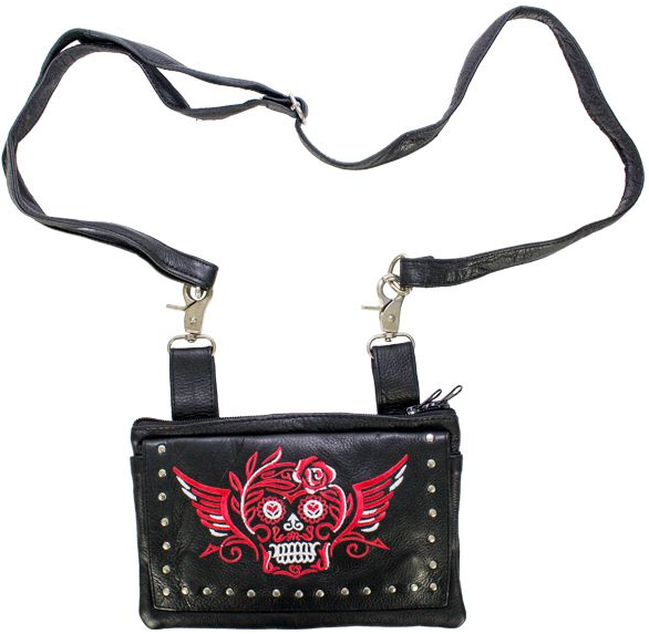 Leather Belt Bag - Red - Sugar Skull Design - Handbag - BAG35-EBL19-RED-DL