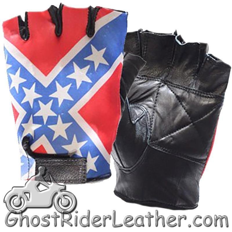 Rebel Flag Fingerless Biker Leather Motorcycle Gloves - Confederate - GL2038-DL